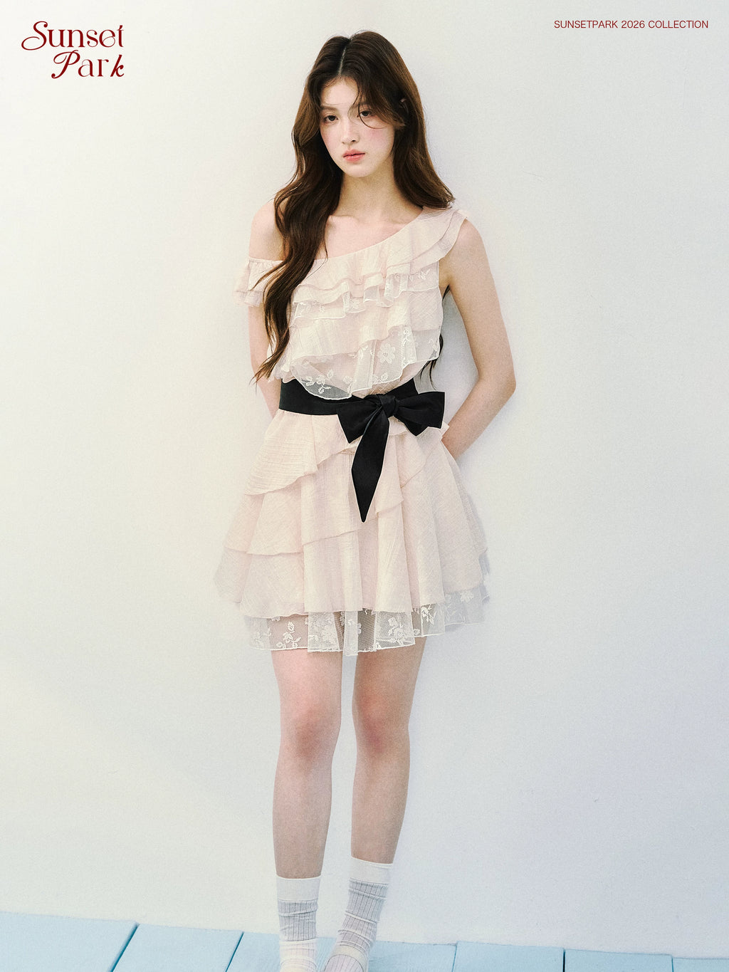 SunsetPark Fake Two-piece Slanted Shoulder Lace Ruffle Dress
