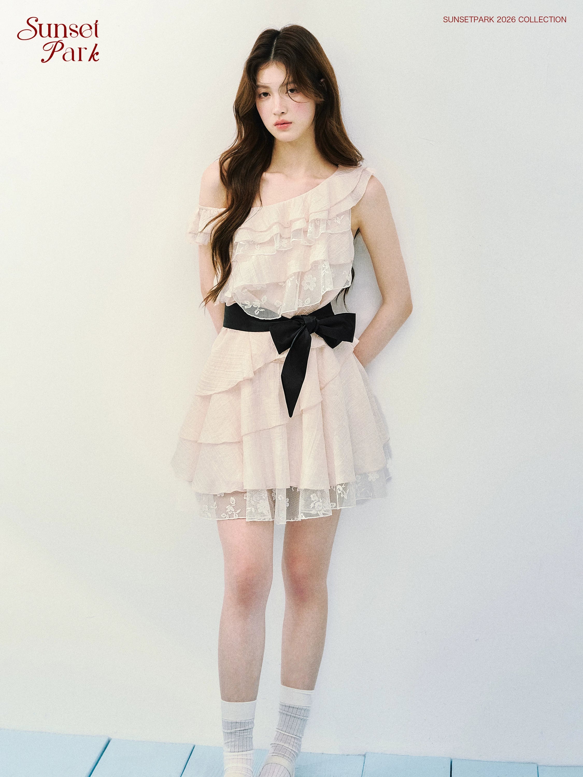 SunsetPark Fake Two-piece Slanted Shoulder Lace Ruffle Dress
