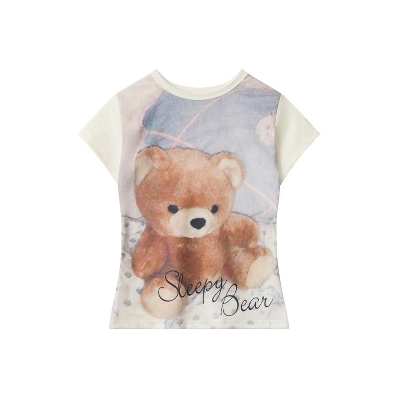 Nariele European and American Bear Letter Print Short Tee