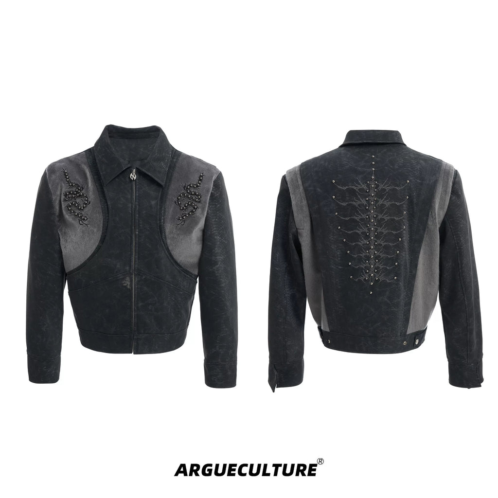 ArguECulturE Snakeskin Stitching Embroidered Slim-fit Leather Jacket