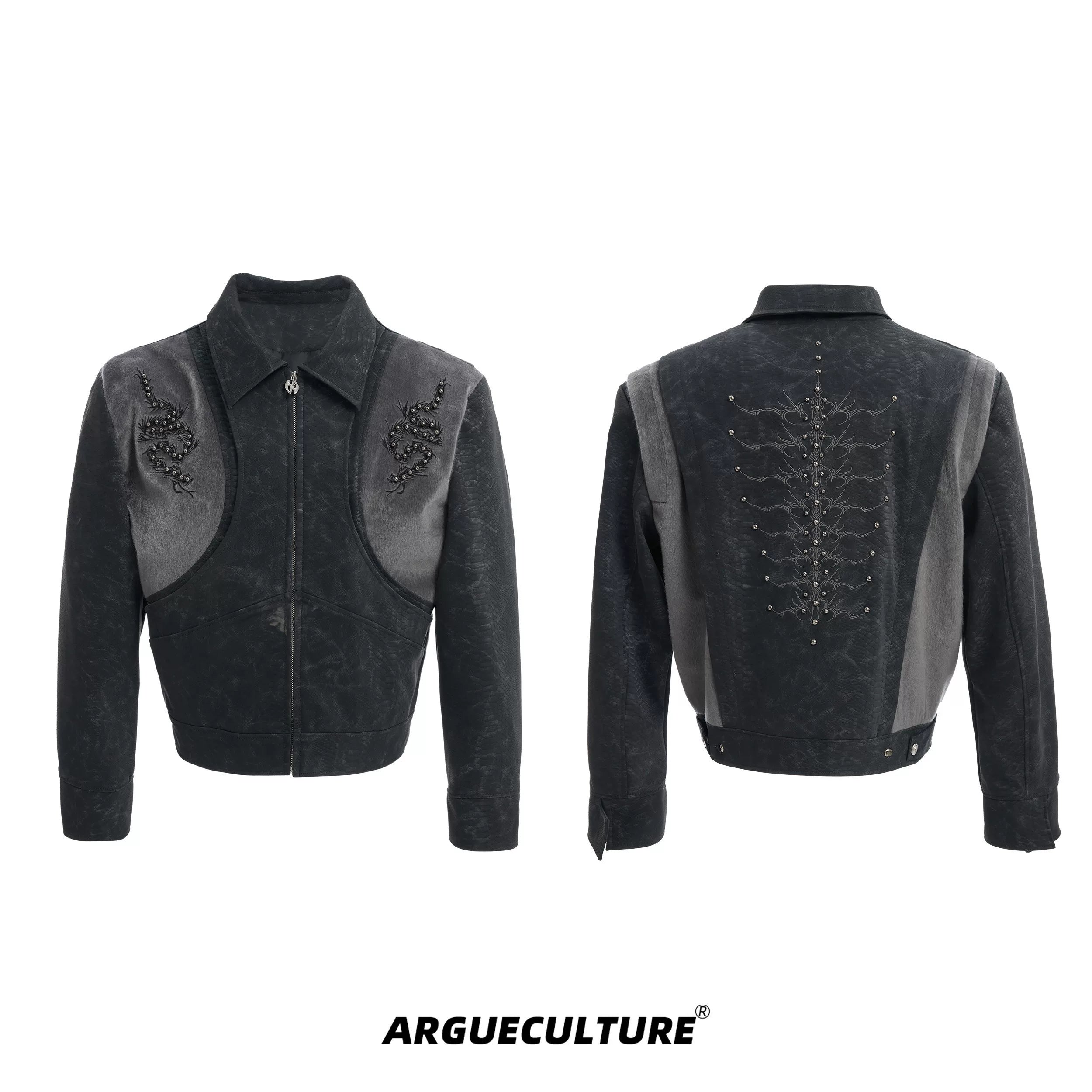 ArguECulturE Snakeskin Stitching Embroidered Slim-fit Leather Jacket