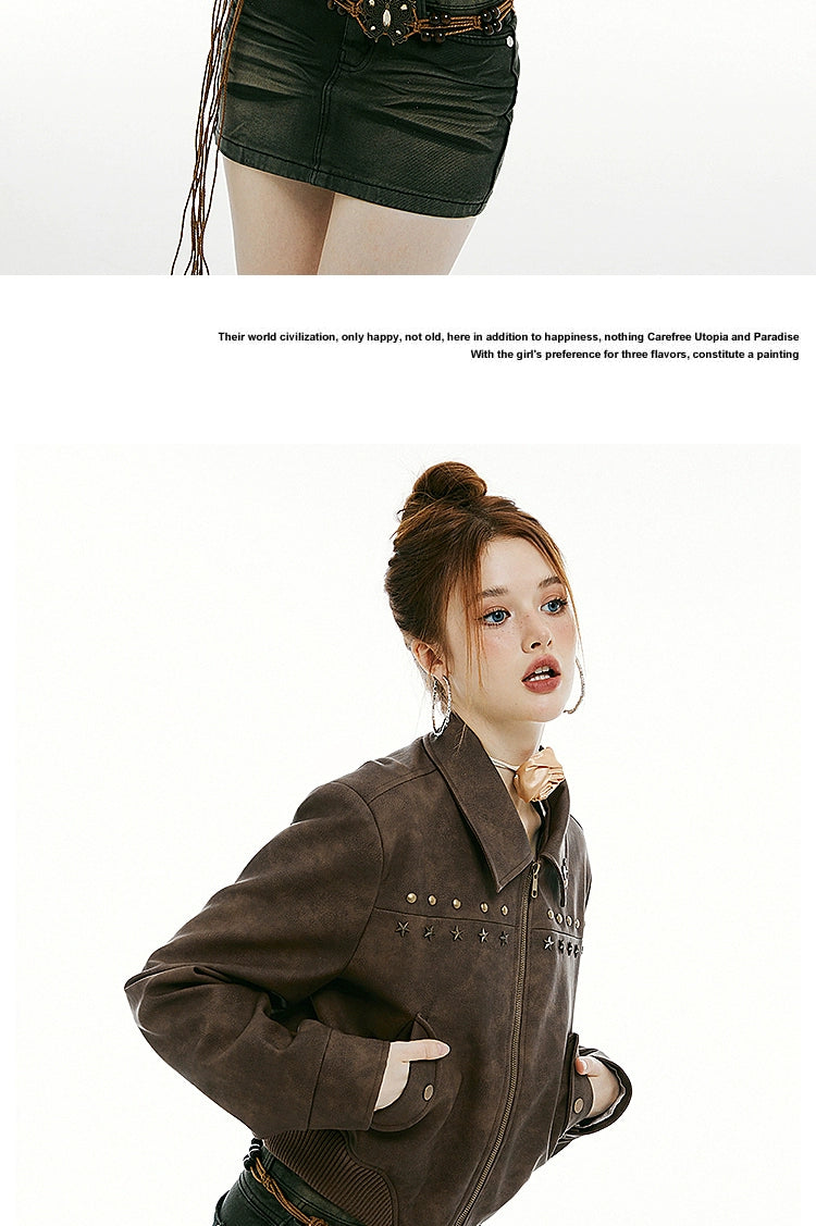 IMONE Vintage Rivet Short Leather Jacket