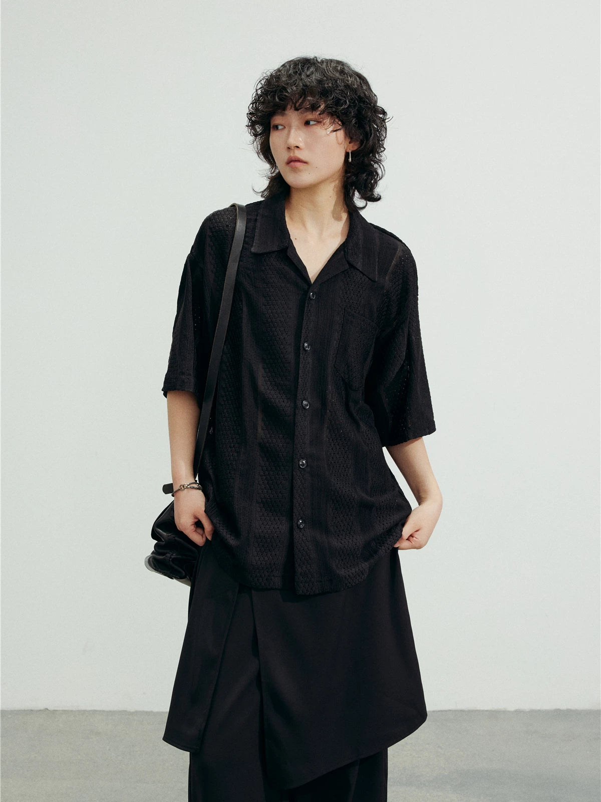 SUNYVONNE Rhombus Hollow Loose Short Sleeve Shirt