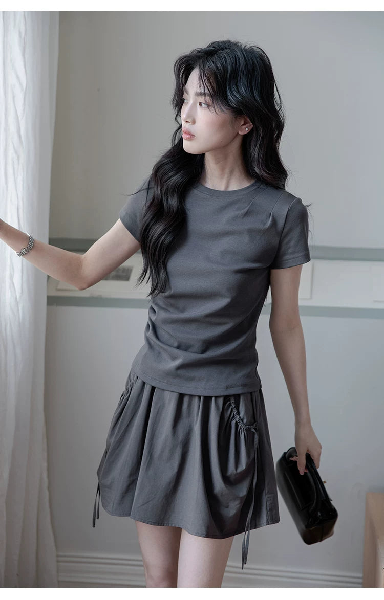 XUJING Pleated Front Shoulder Slim and Thin Tee