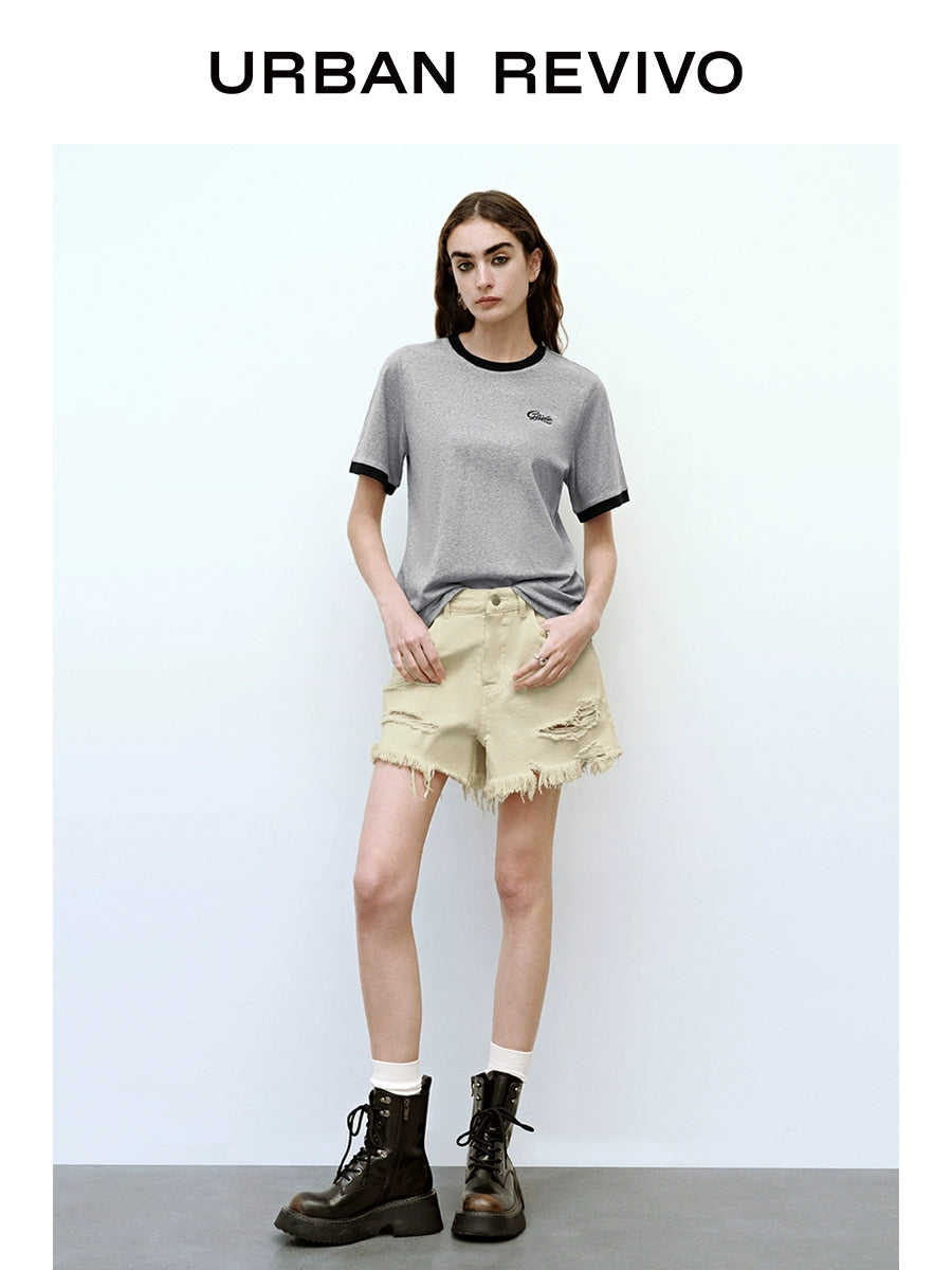 URBAN REVIVO Casual Contrasting Embroidery Cotton Tee