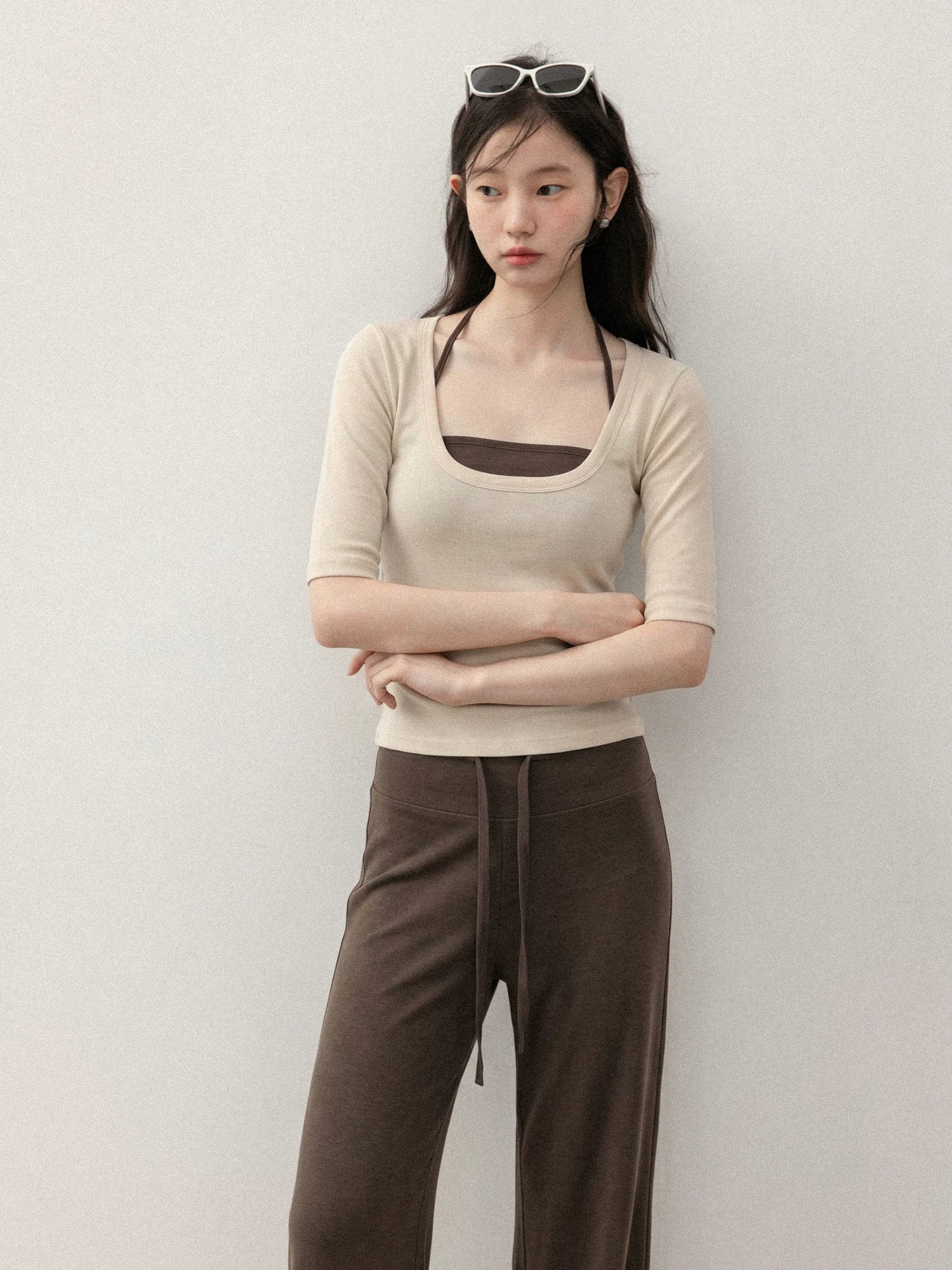 Cantonstory U-neck Suspender Five-quarter Sleeve Tee Slacks Set