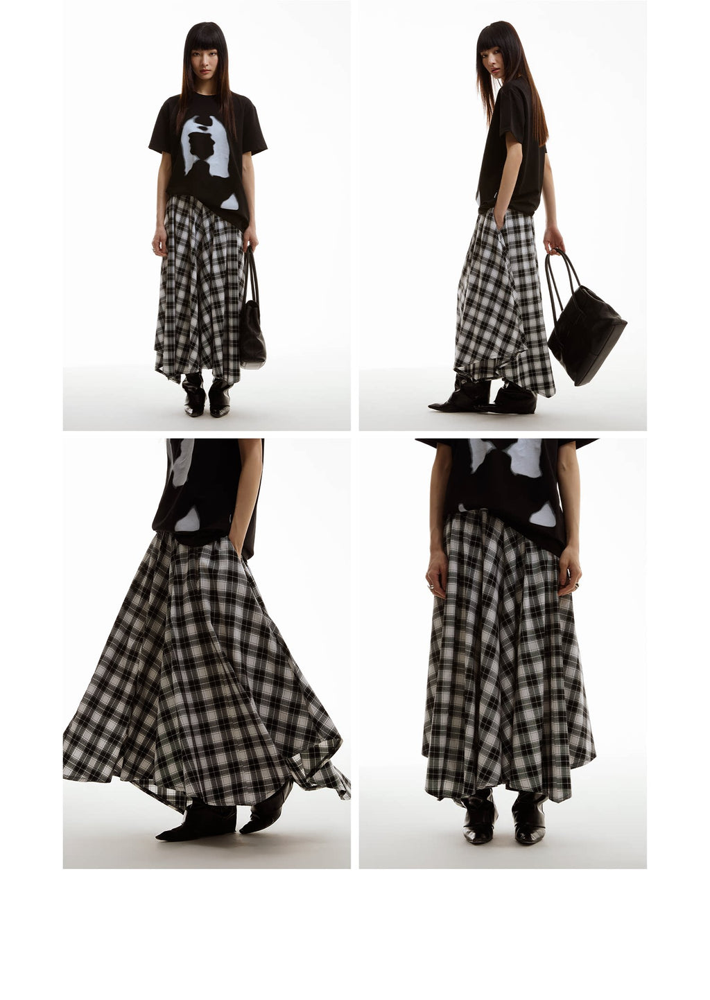 FUNKYFUN Retro Check Wide-Leg A-Line Skirt Pants