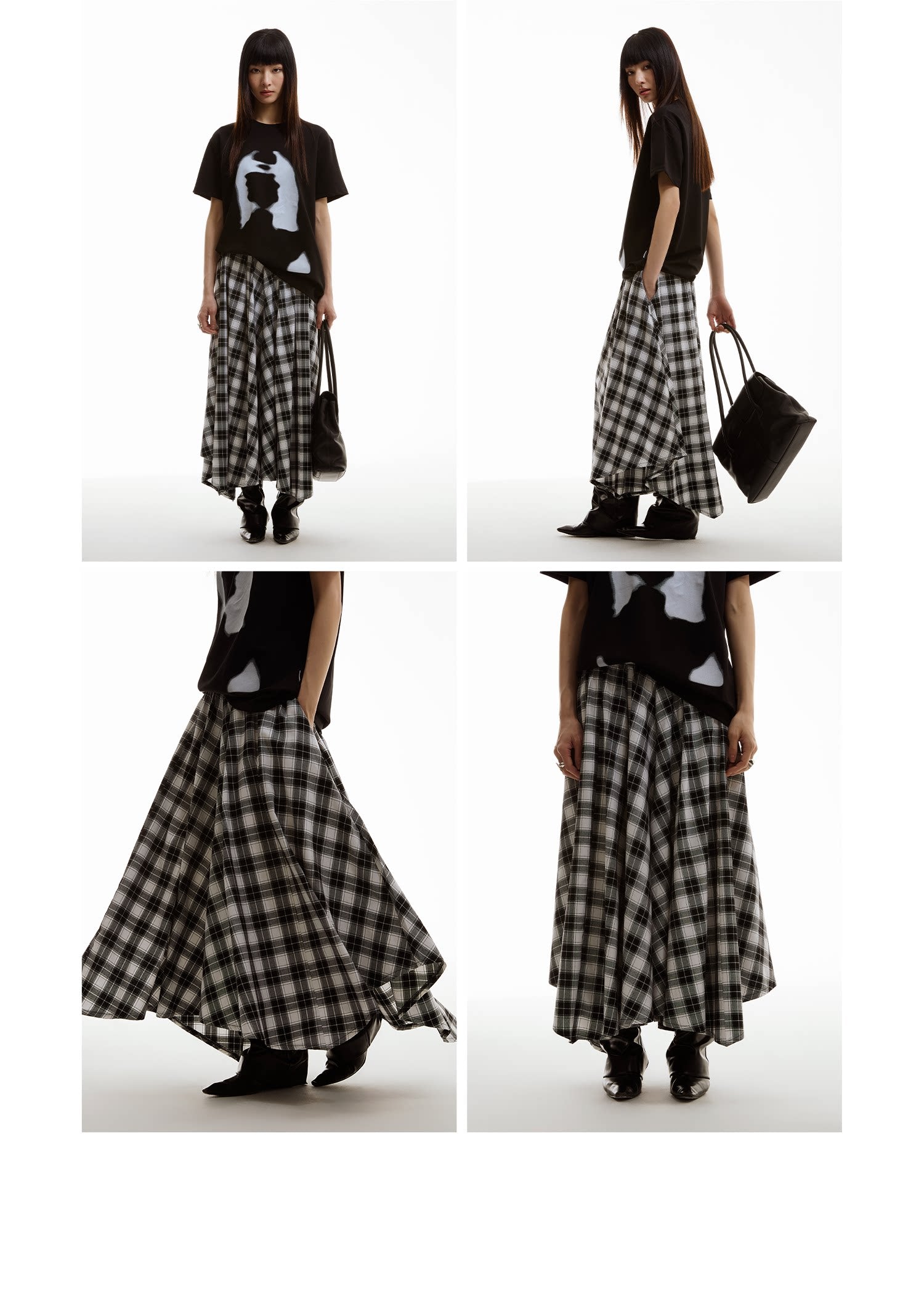 FUNKYFUN Retro Check Wide-Leg A-Line Skirt Pants