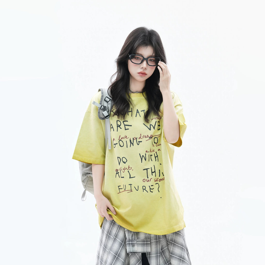 Zuocisankon Retro Fun Print Crew Neck Tee
