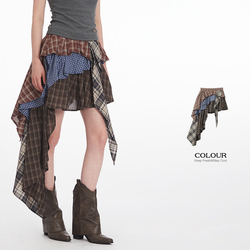 Nariele Irregular High Waist Plaid Splicing Short Skirt