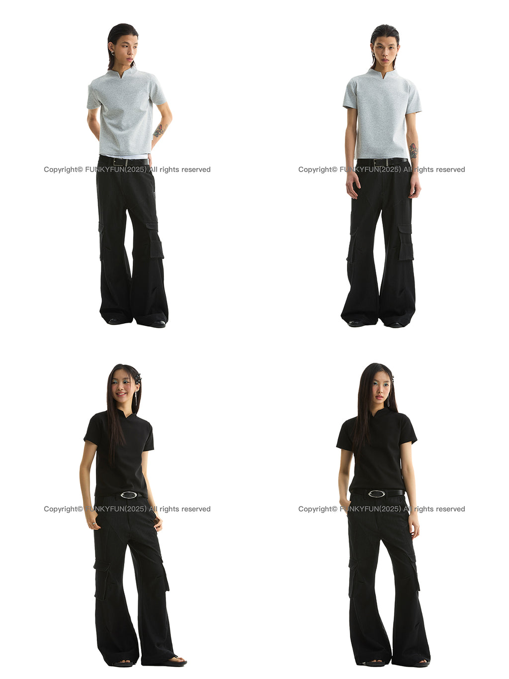 FUNKYFUN V-neck Small Stand-up Collar Space Cotton Slim-fit Tee