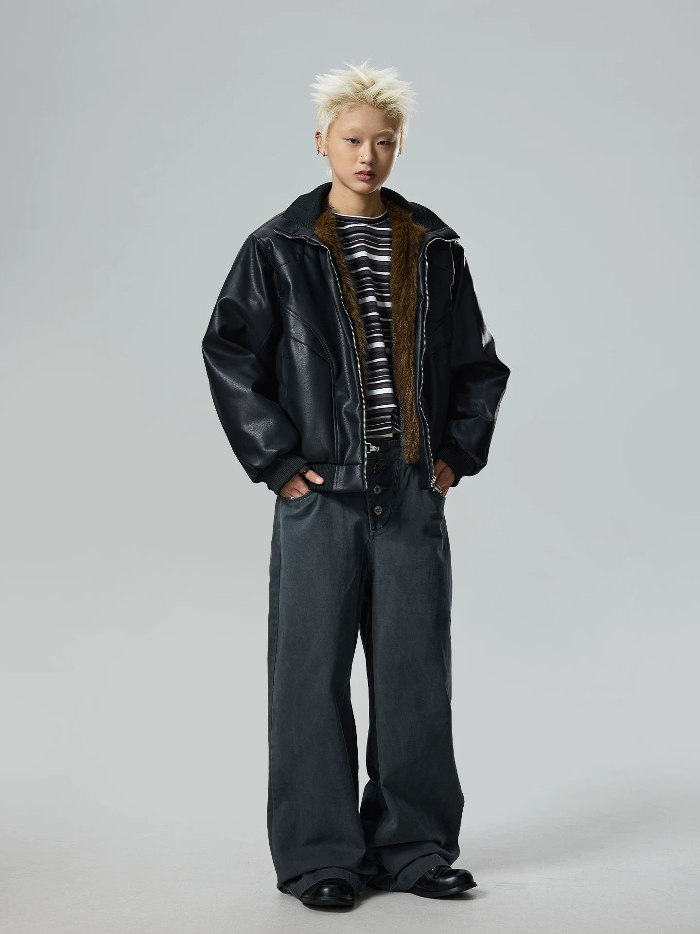 BTSG retro leather buckle waist washed gray loose wide-leg pants