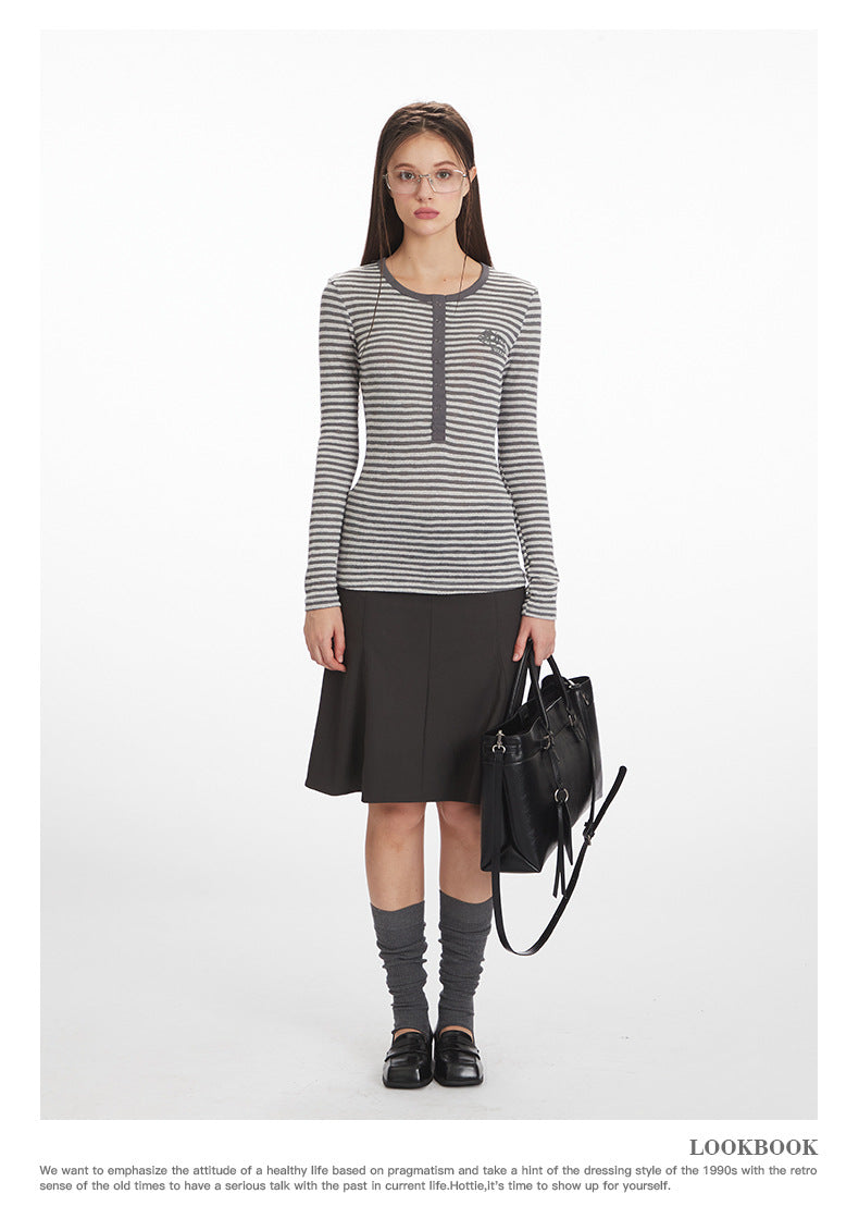 Nariele Henry Collar Slim Skinny Striped Long Sleeves