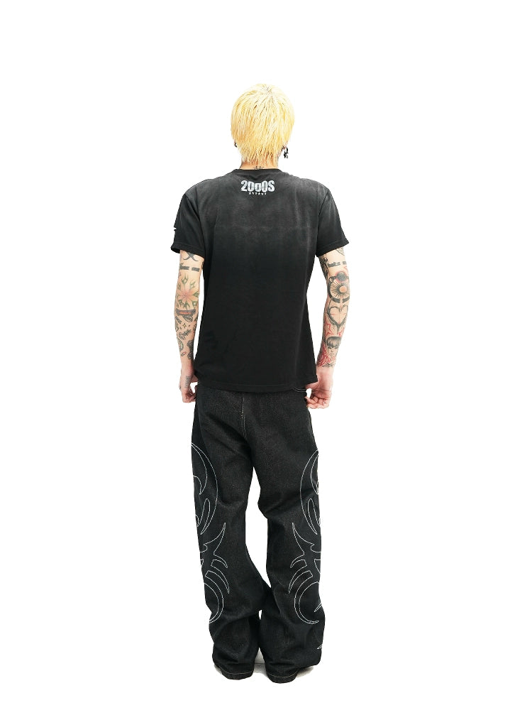 DETW 25ss * "2000S" washing destruction slogan front shoulder slim short sleeve Tee