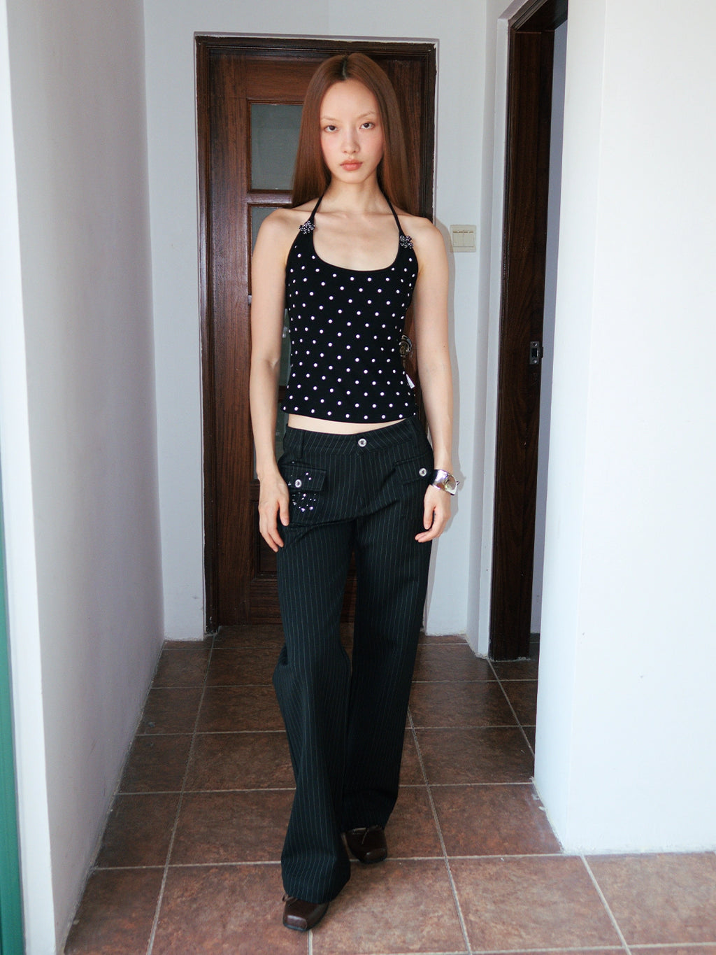 FUNKYFUN Medium and Low Waist Hot-drilled Pinstriped Flared Pants