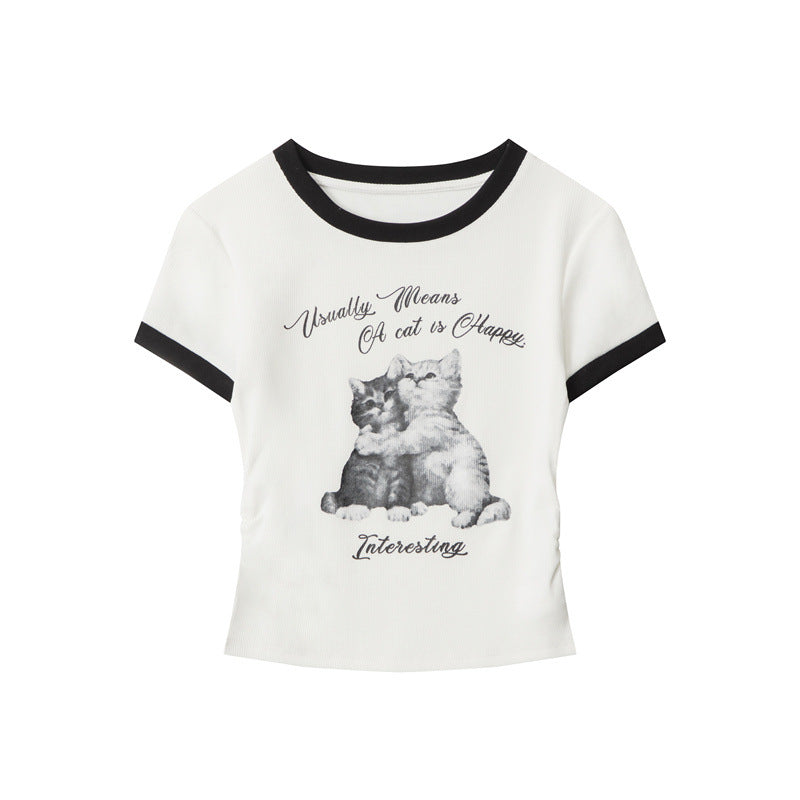 Nariele Kitty Print Pleated Slim Tee