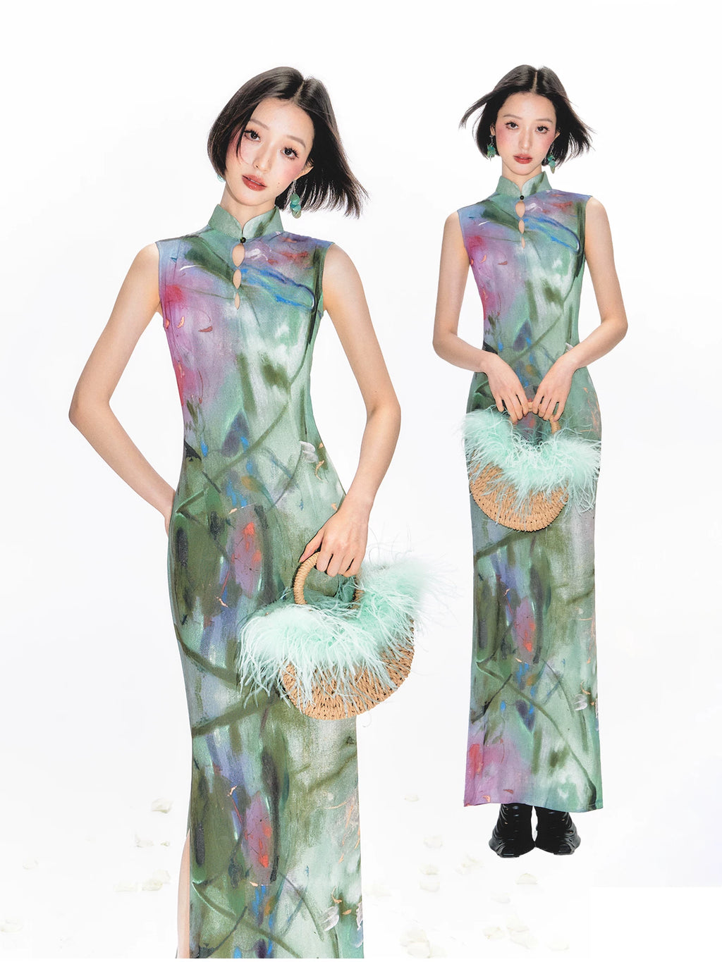 YEDM Hollow Cheongsam Print Dress