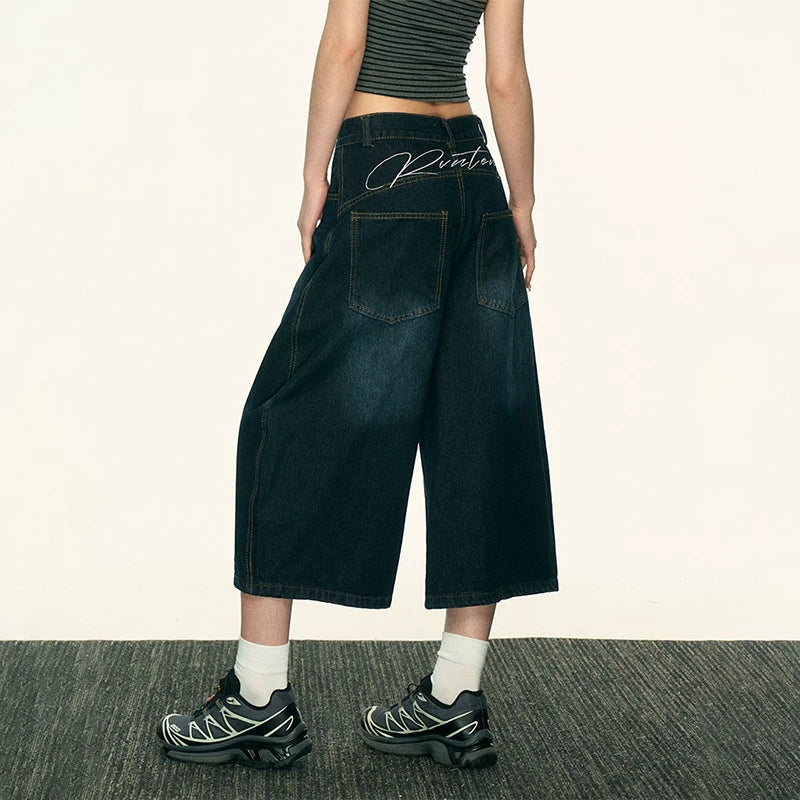 Aaisup Back Letter Versatile Wide-leg Cropped Jeans