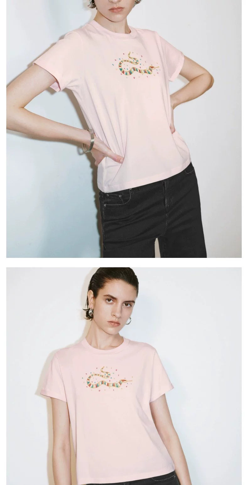 URBAN REVIVO Fun Casual Embroidery Curled Short Sleeve Tee