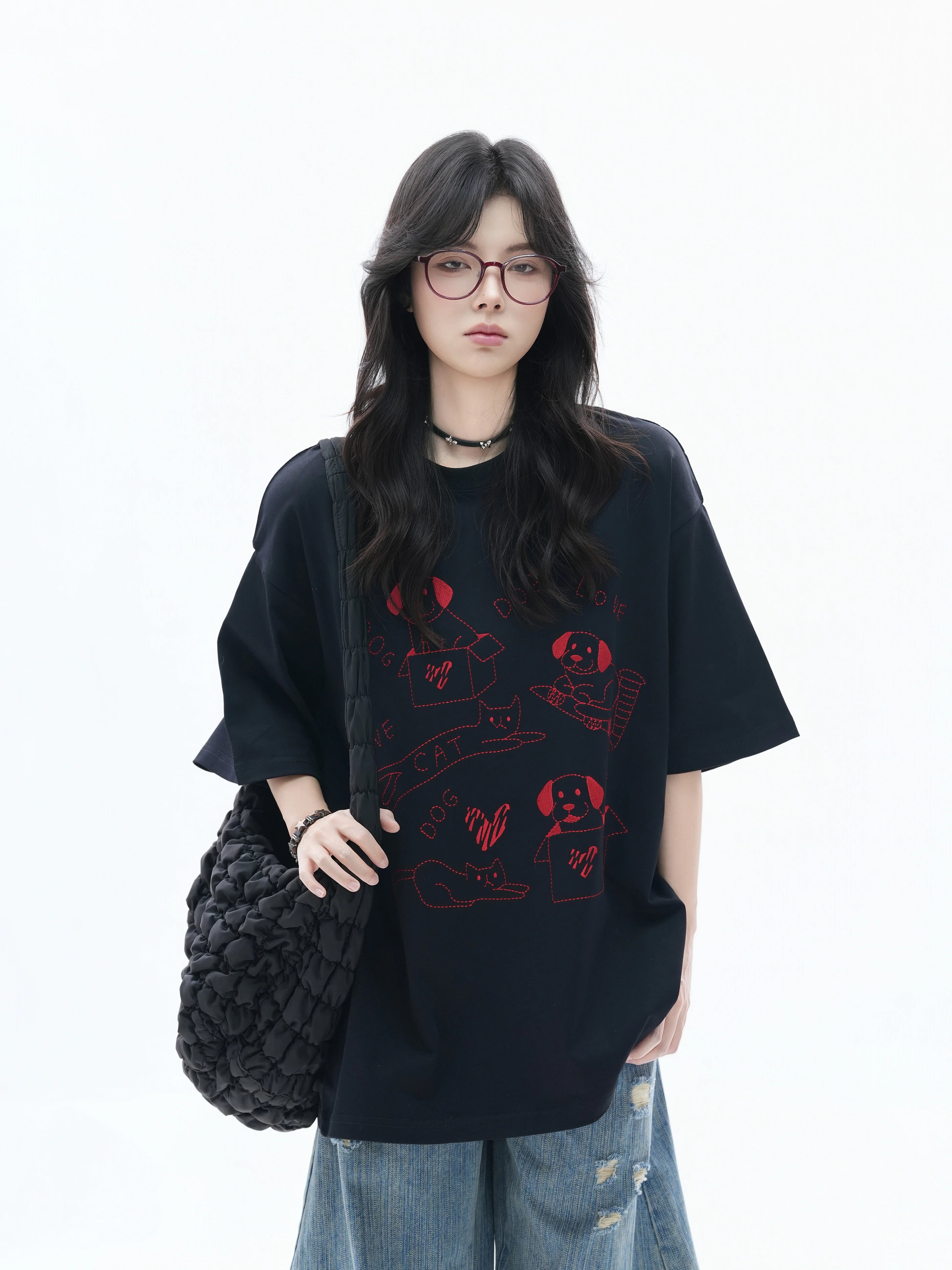 Zuocisankon Lazy Shoulder Fun Cute Cat Embroidery Tee