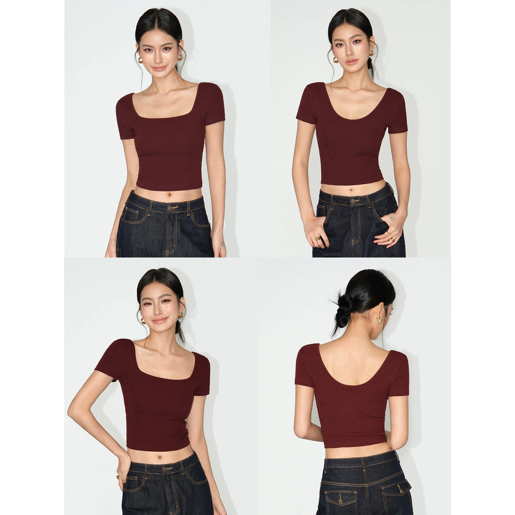 NEVA HU Square Collar Slim-fitting Versatile Short Button Tee