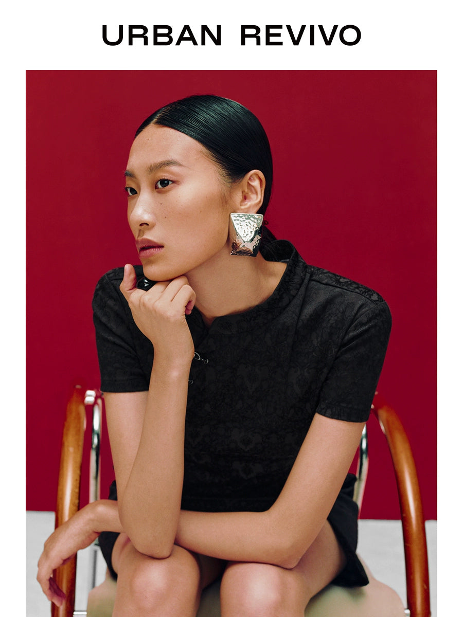 URBAN REVIVO Temperament National Style Jacquard Stand-up Collar Dress