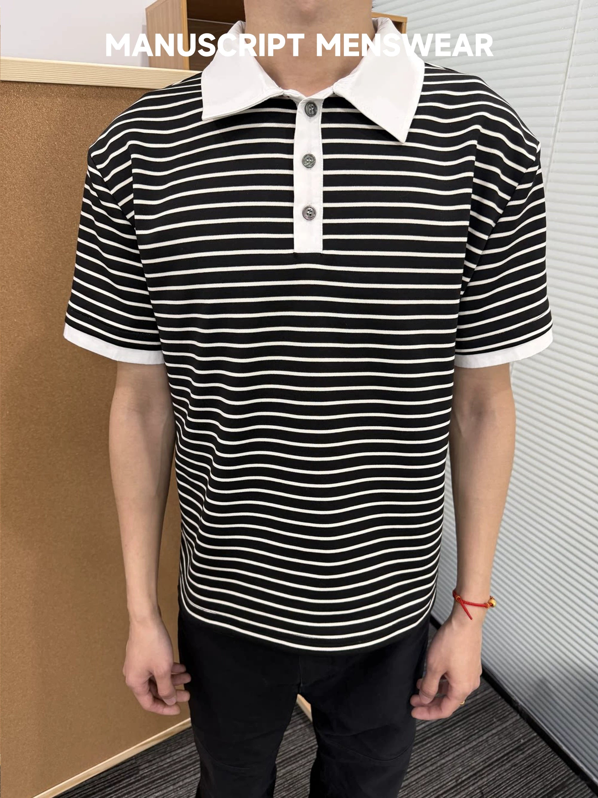MANUSCRIPT Striped False Two-piece Front Shoulder Contrasting Tee
