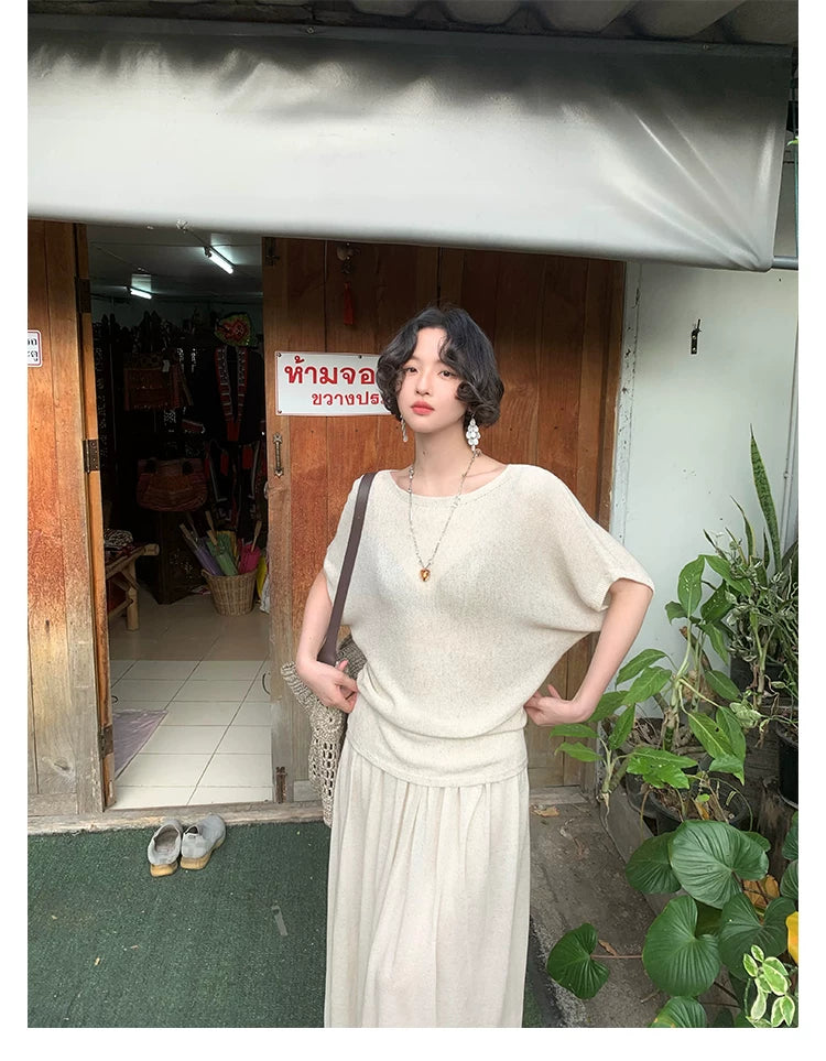 KELIFAN Retro Casual Loose Knitted Top + Skirt Set