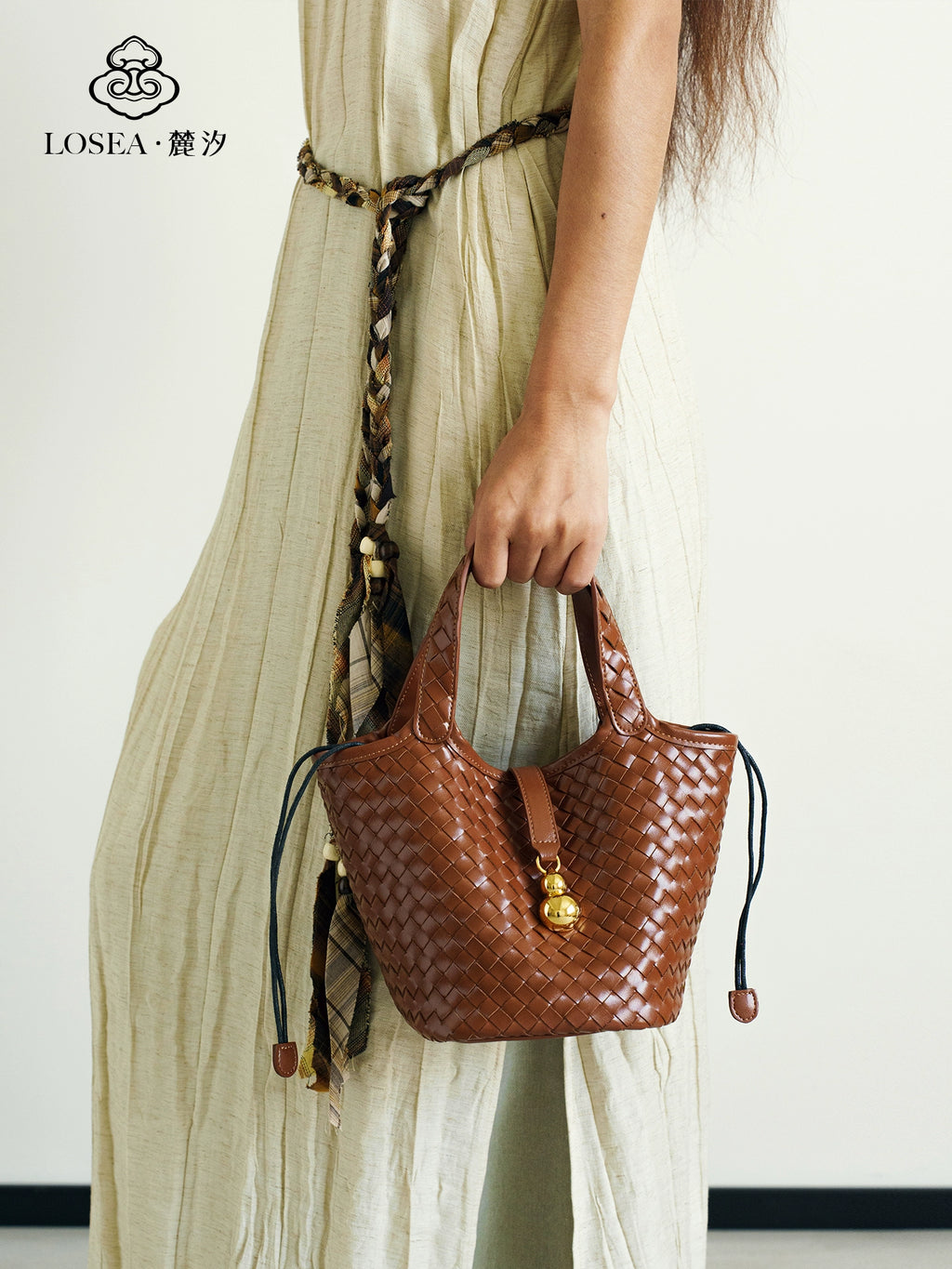 LOSEA Leather Hand-woven Gourd Vegetable Basket Shoulder Bag