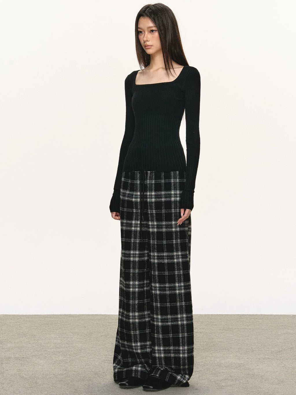 Anna Aneae Lazy Loose Wide Leg Straight Checkered Pants
