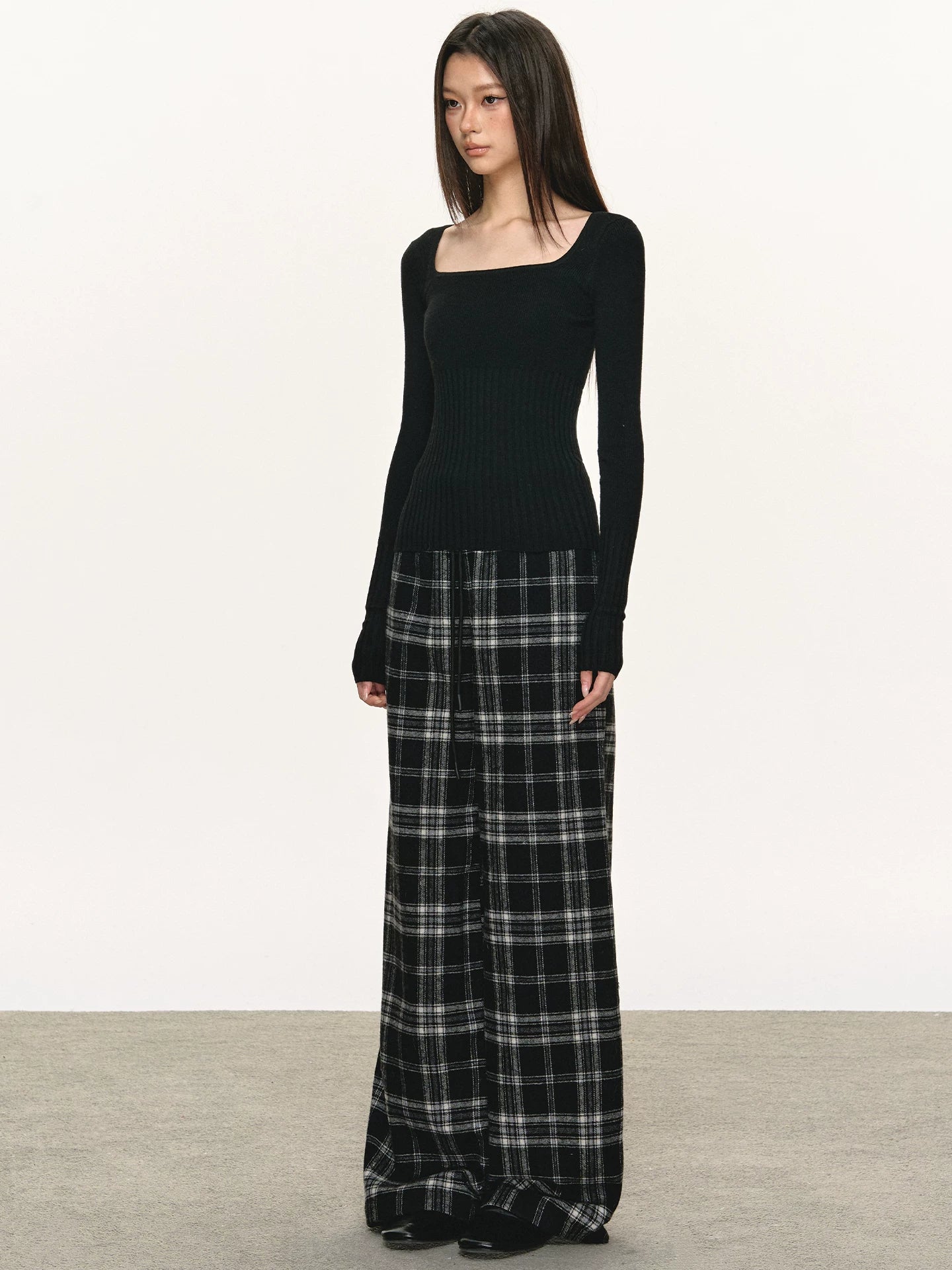 Anna Aneae Lazy Loose Wide Leg Straight Checkered Pants