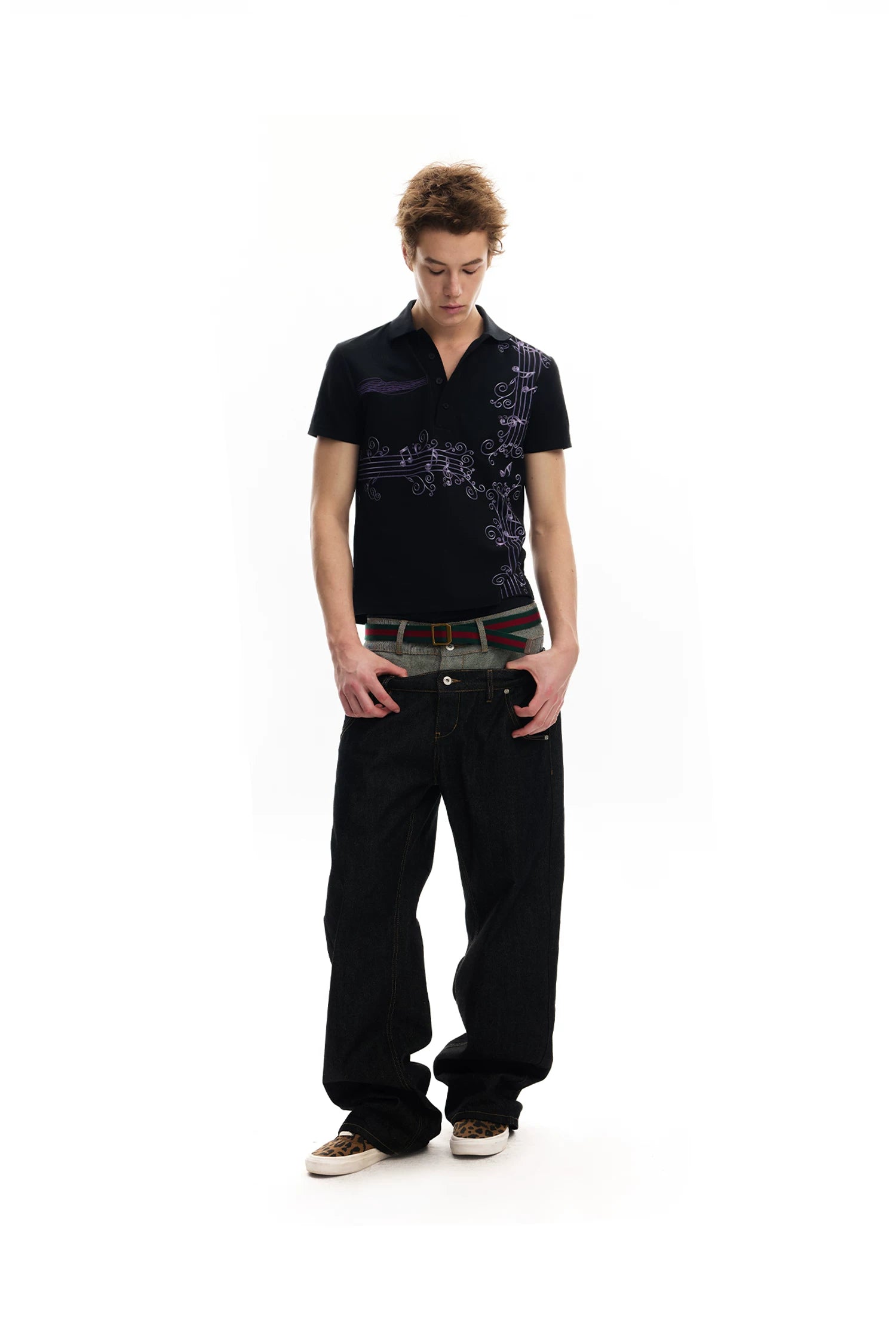 No E Mosen Purple Vine Music Note Print Casual Tee