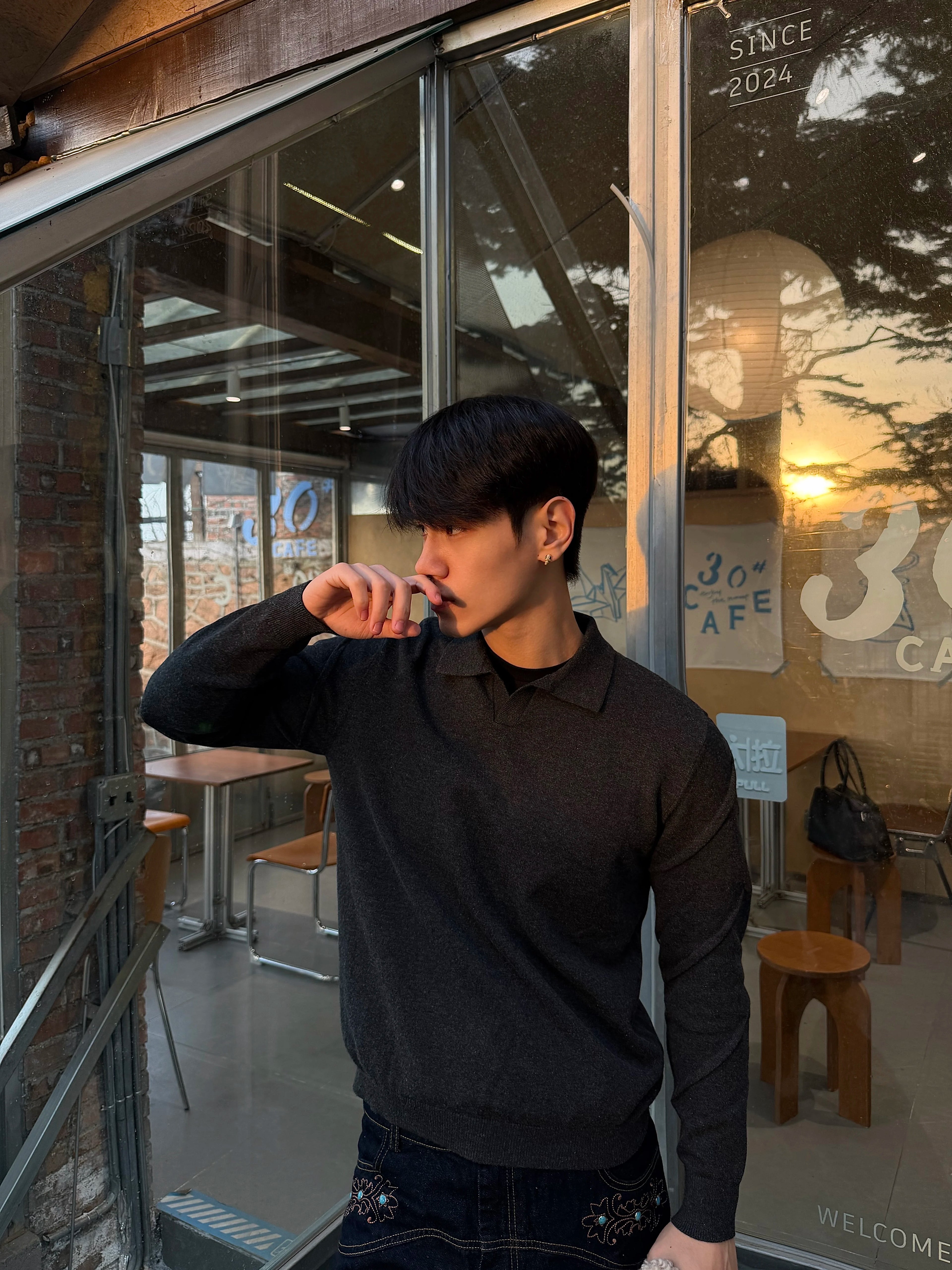 Borrowed Project V-Neck Knitted POLO Shirt Long Sleeve