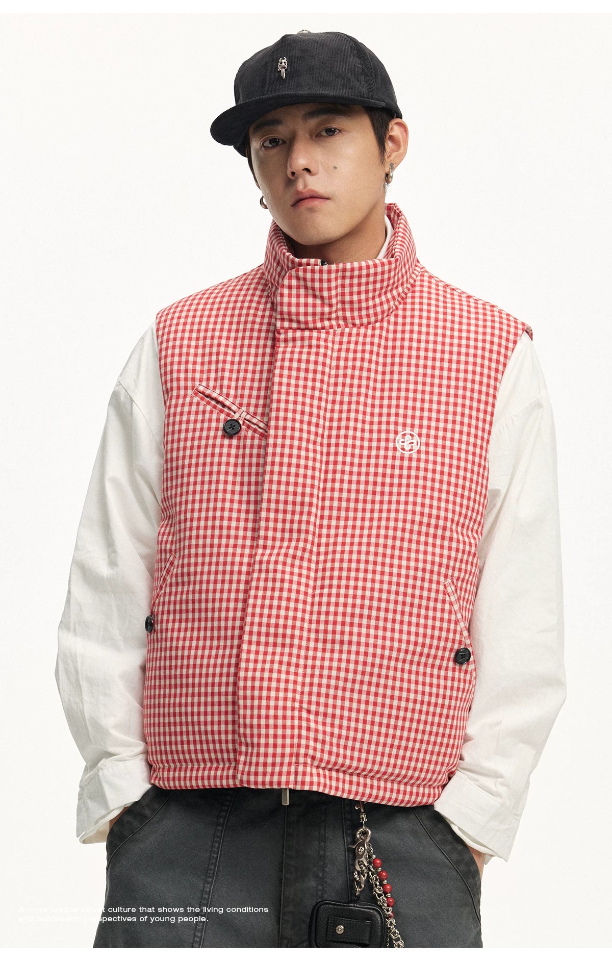 CoosRetro Plaid Logo Embroidery Casual Loose Warm Vest