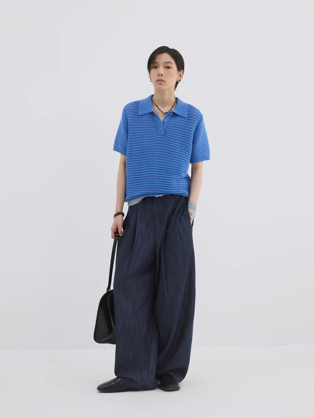 Sameuoo Shoulder Knit Hollow Polo Shirt