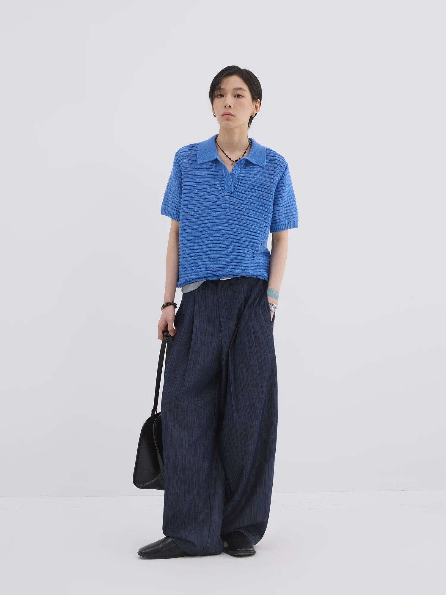Sameuoo Shoulder Knit Hollow Polo Shirt