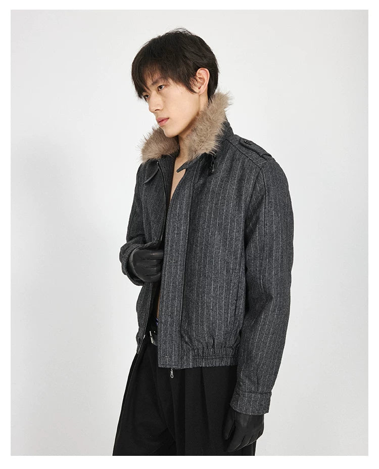 Stay The Night Striped Front Shoulder Removable Fur Collar Cotton Suit