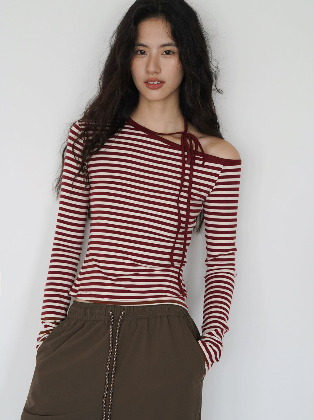 EIGHTHMONTH Striped Off-the-shoulder Strap Korean Long Sleeve