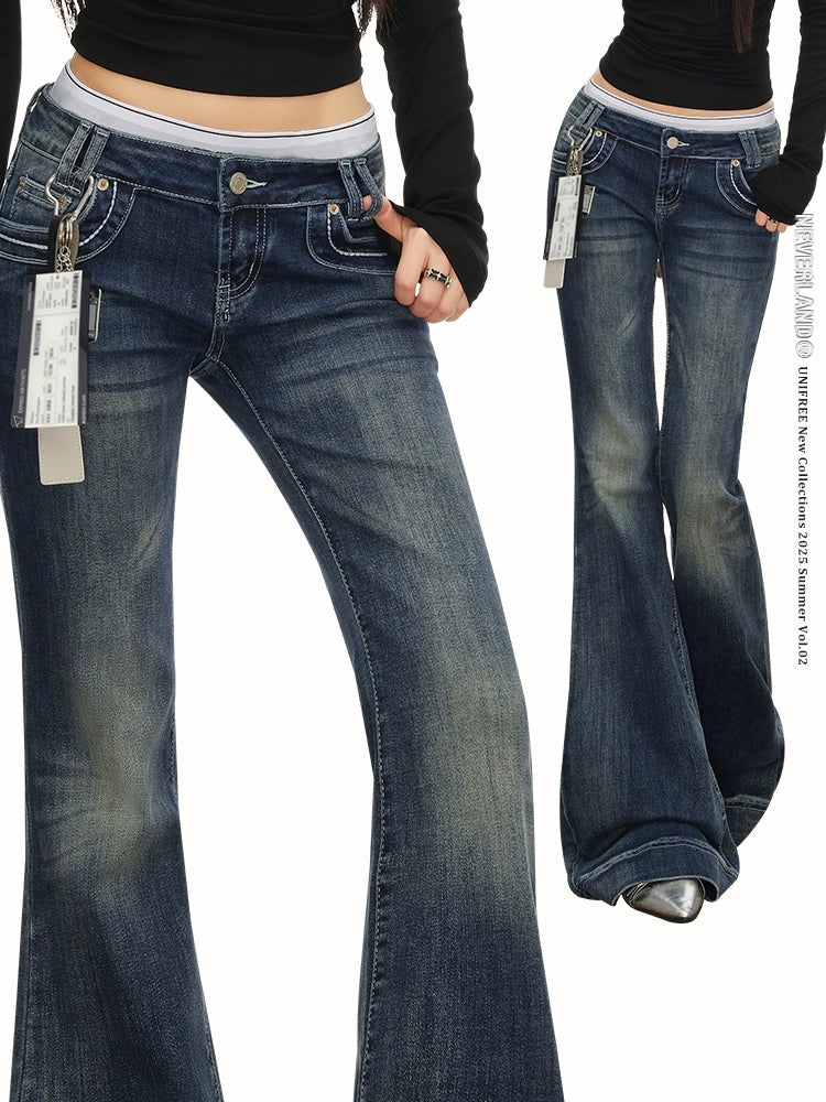 UNIFREE Slightly Pulled Old Low-rise Slim-fit Jeans