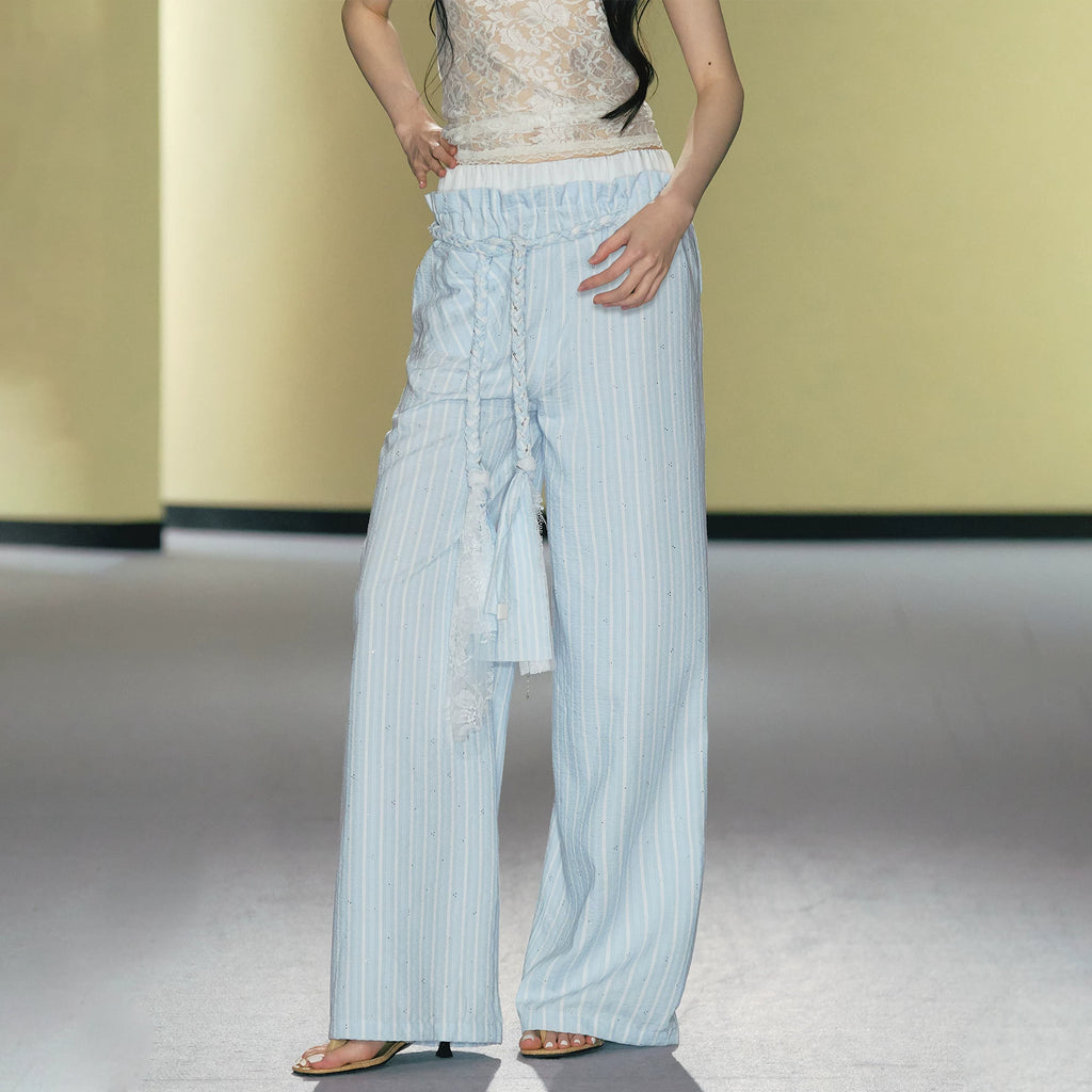 AGAM Striped Braided Drawstring Belt Slim Wide-leg Pants