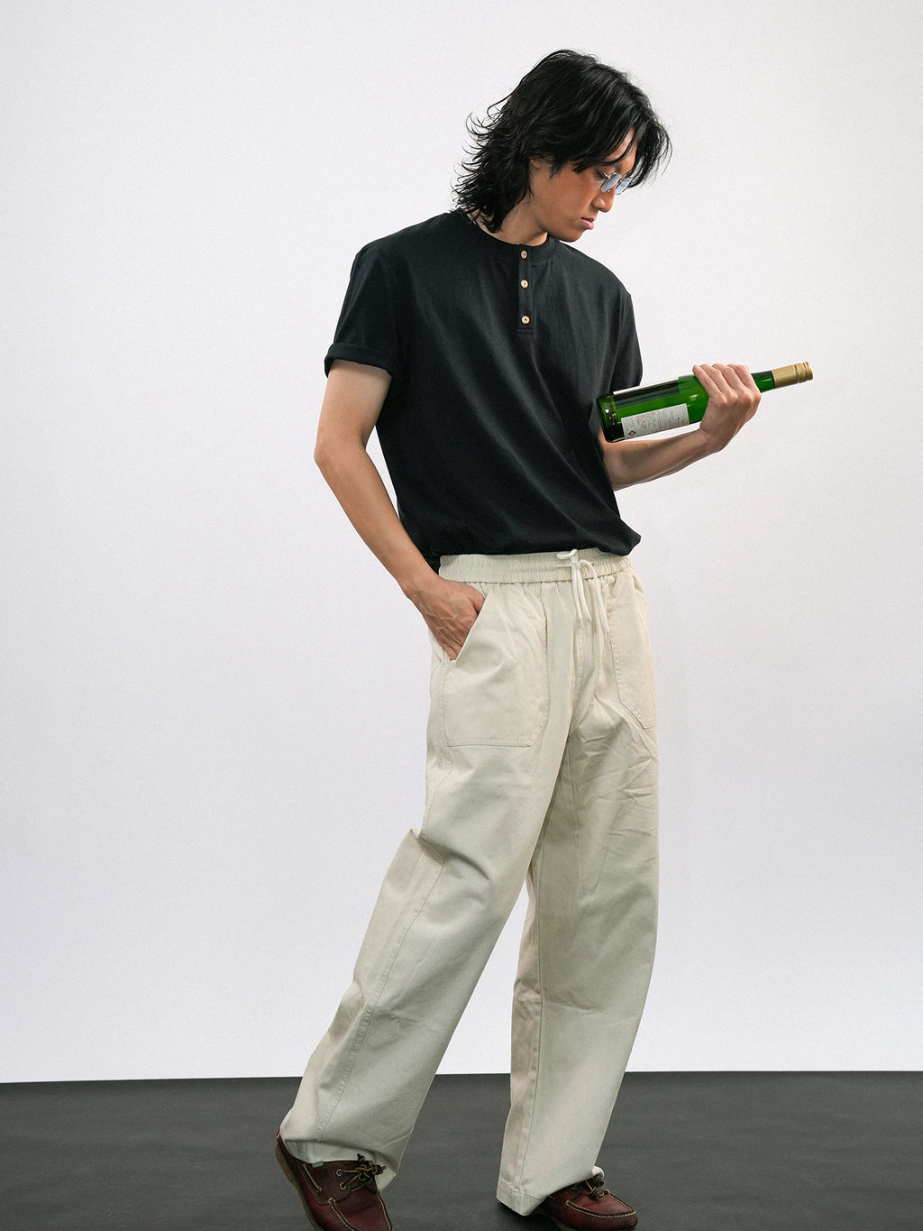 O3PARK Vintage Loose Henry Collar Knitted Tee