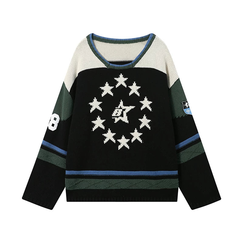 8FF Vintage Contrast Badge Star Embroidered Knitted Sweater