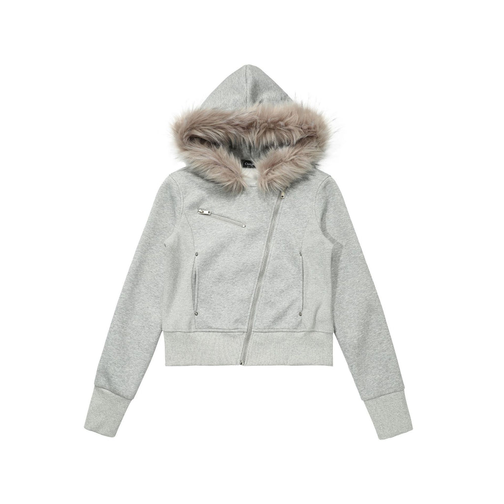CHANYOOU Retro Diagonal Zipper Short Fur Collar Hooded Sweater