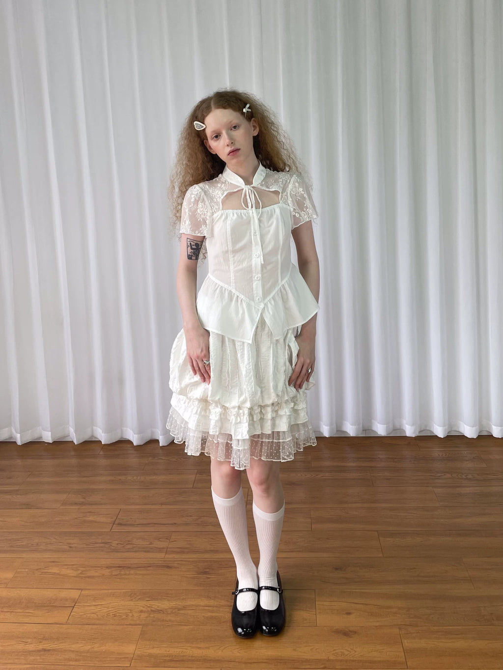 Loosesmell Jacquard Lace Stitched Short Sleeve Shirt