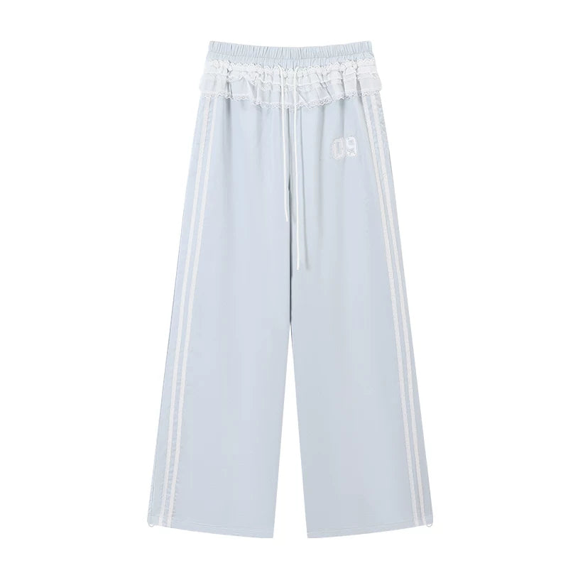 Ablueberry Splicing Lace Loose Straight Pants