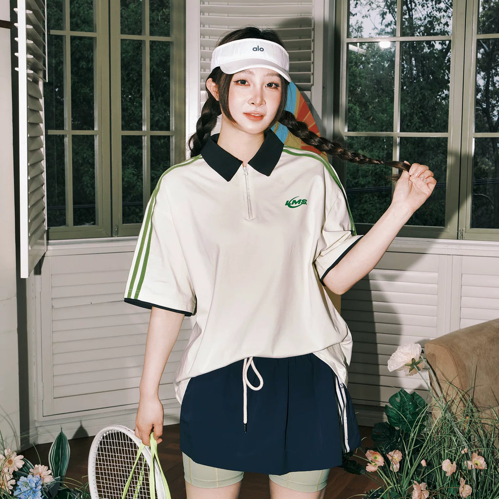 Lemanism Contrasting Sports POLO Collar Loose Tee
