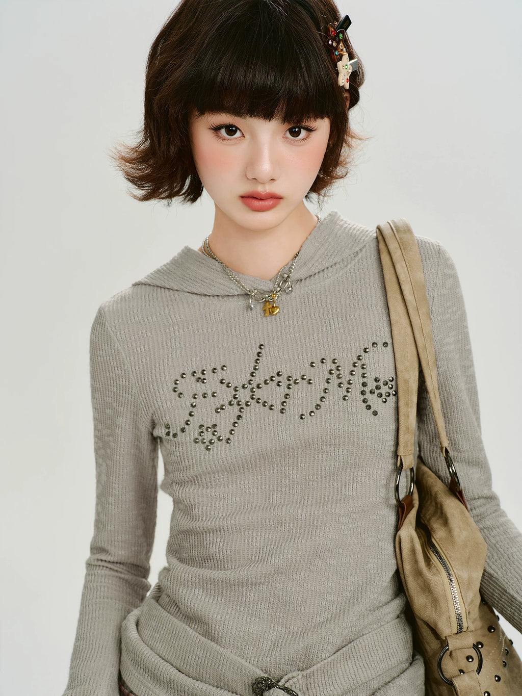 Girlyhalo Vintage Hot Diamond Strap-Up Hooded Knitted Long Sleeve
