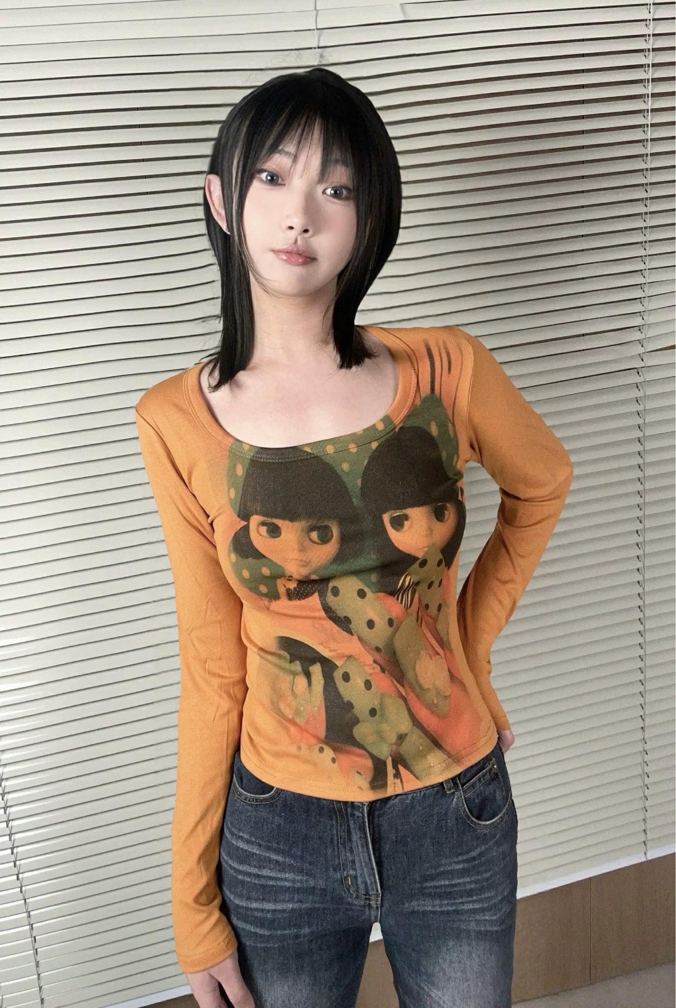 WEBBAR Splicing Wide Neckline Slim Sleeve