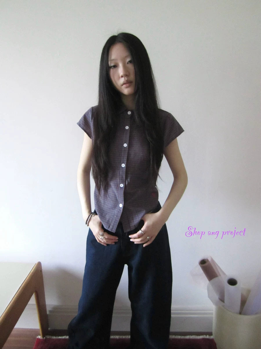 Ang:project Vintage Plaid Waist Pressed Pleated Embroidery Short Tee