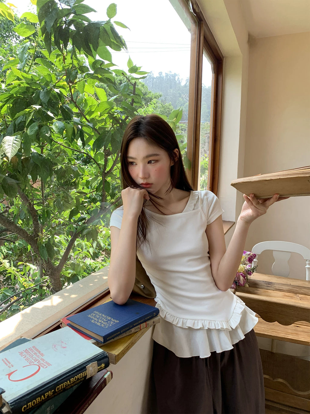 KANO Fake Two Pieces Chic Ruffle Leaf Tee